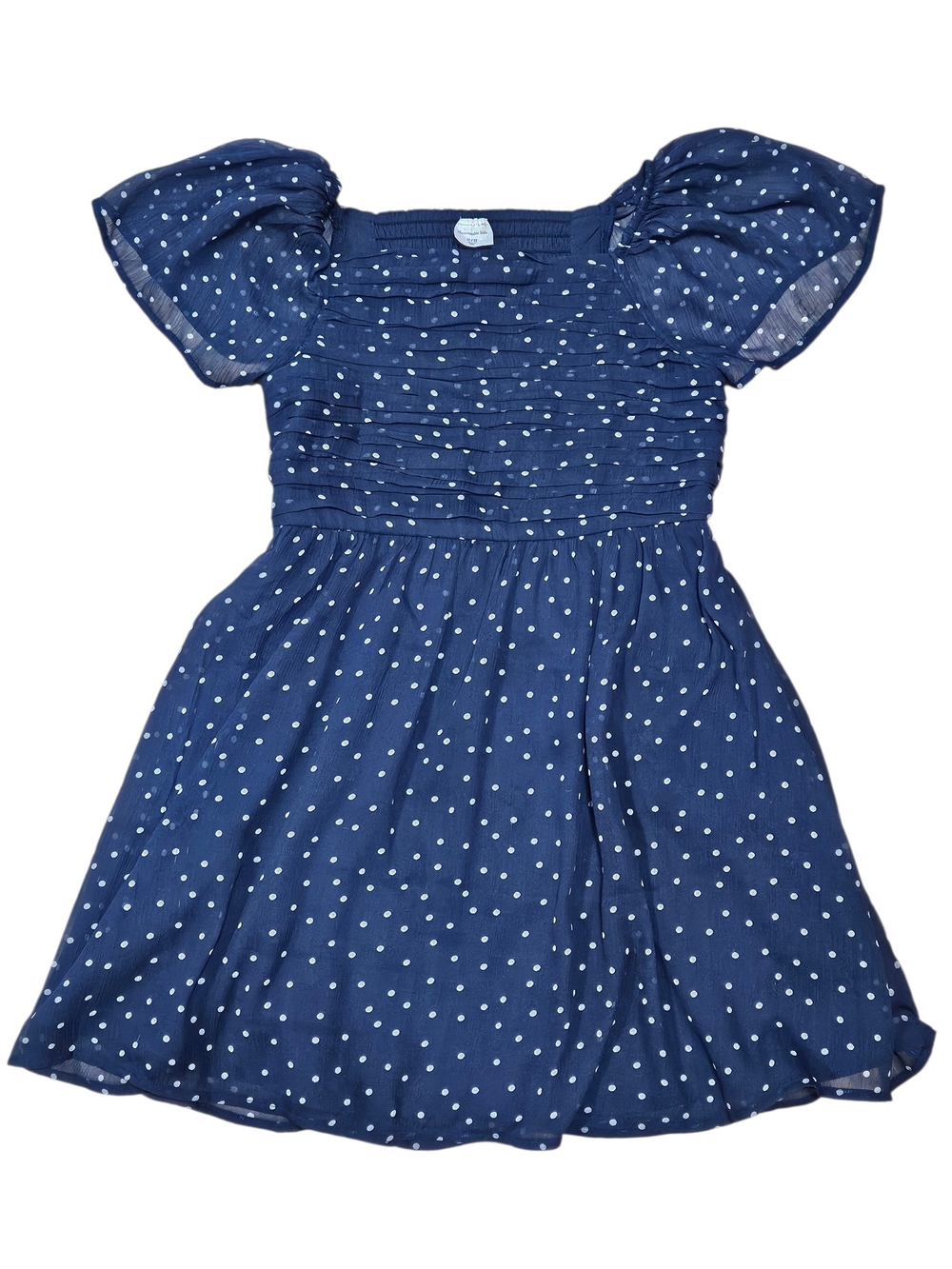 Abercrombie Kids Navy Blue Polka Dot Rouched Puff Sleeve Dress Girls 11/12